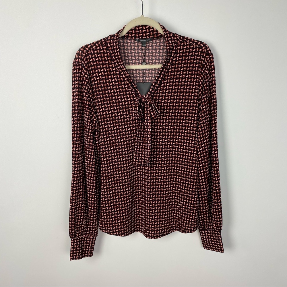 Adrianna Papell Womens Blouse Black Printed Tie Neck Long Sleeve Size